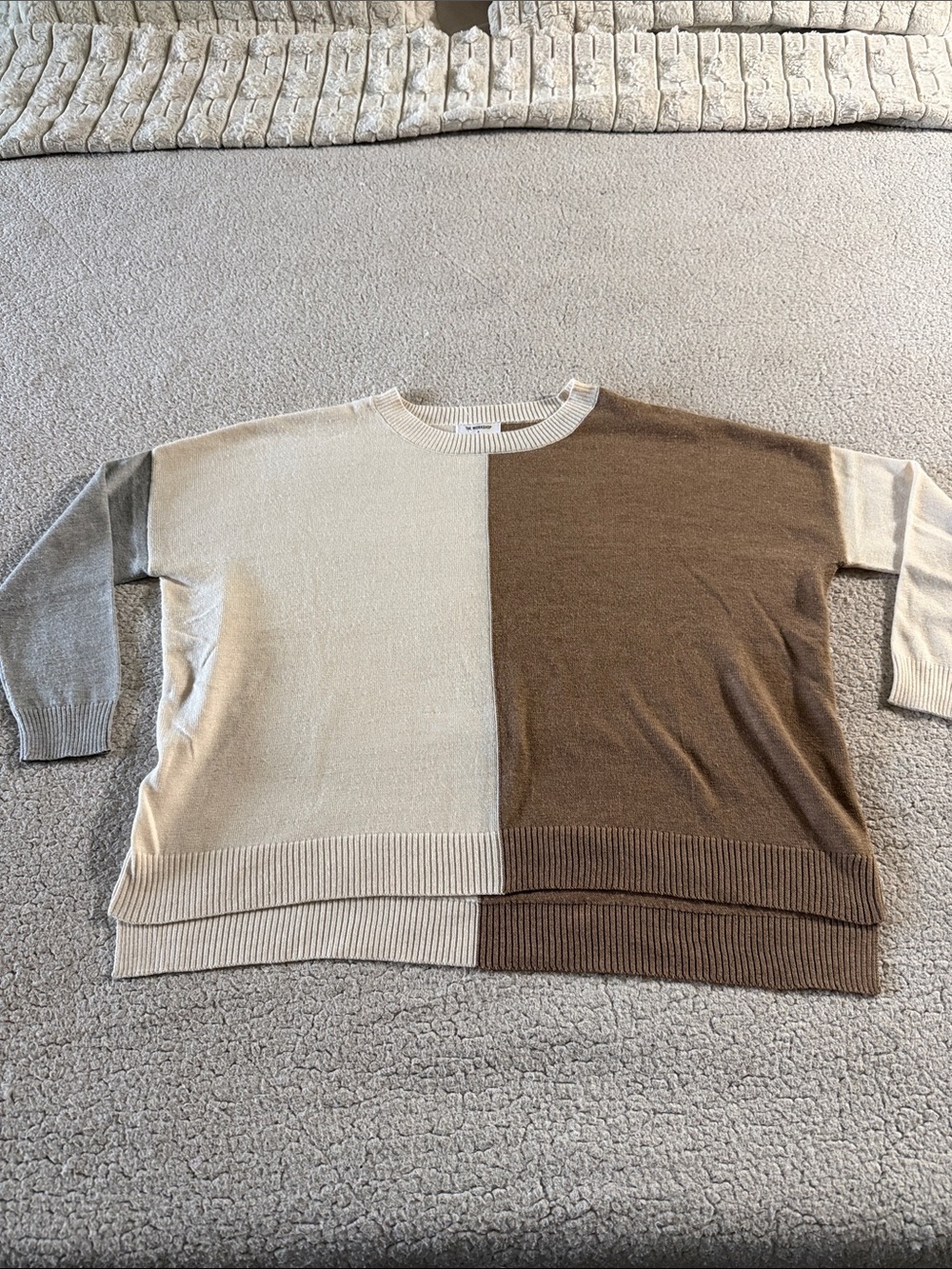 Workshop Clothing Colorblock Crewneck Sweater in Cream, Brown & Gray Small
